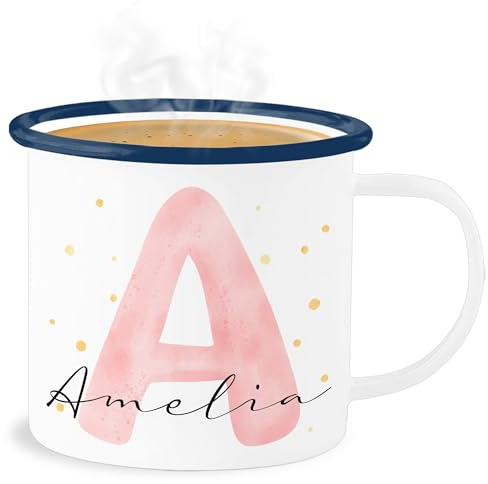 Emaille Becher Blechbecher - Tasse - Individuell gestaltbar mit Initialbuchstabe und Name | Geschenk mit Anfangsbuchstabe und Name frei wählbar - 300 ml - Weiß Blau - personalized enamel mug