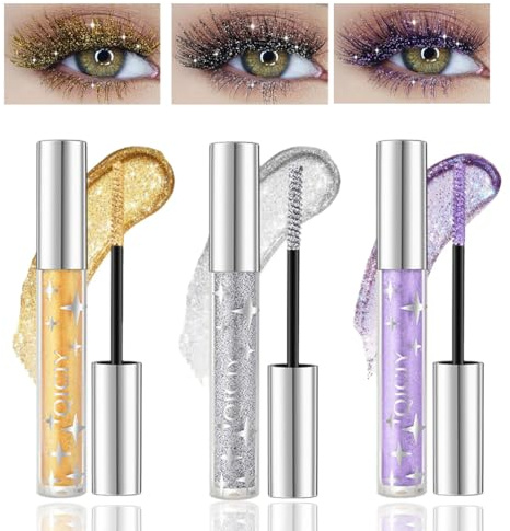 Baorder Mascara à paillettes 3 couleurs, mascara allongeant et volume de bouclage - Mascara à paupières - Argenté/doré/violet - Cils colorés imperméables pour cils de fête, jours festifs, utilisation
