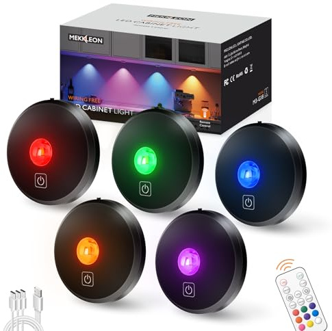 MEKKLEON RGB LED Vitrinenbeleuchtung Kabellos mit Fernbedienung, Schwarz, 5 Stück 2000mAh Aufladbar LED Spots Akku, Unterschrankleuchte, Schrankleuchte, küchenunterschrank