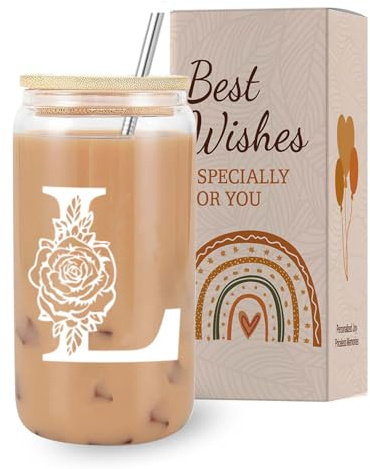 VivaJoy A-Z Initial Personalised Birthday Gifts for Women - Monogrammed Gifts for Women,Initial Letter L,Glass Cups with Lids Straws, Christmas or Birthday Gifts for Her,Mum,Friend,Sister（Letter-L）