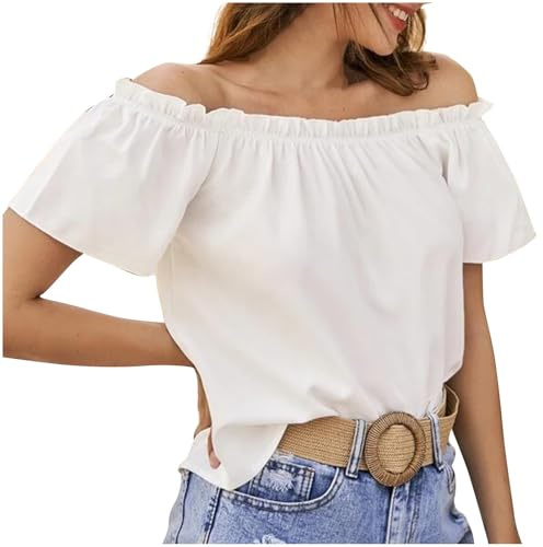 Blusa sexy sin tirantes para mujer, camiseta de manga corta con hombros descubiertos, camiseta ligera de verano, elegante, monocolor, camiseta plisada, blusa sin hombros, blusas para mujer, Blanco, L