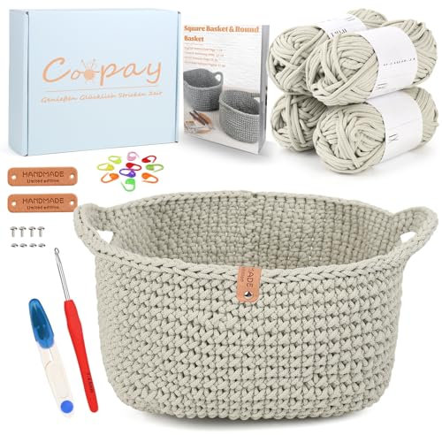 Coopay Häkelset für Anfänger, Square Körbe Häkel Set mit Häkelanleitung, DIY Häkelset für Körbe Häkeln Lernen mit Häkelnadel 4,5mm, Dicke Häkelgarn, Anfänger Häkelset für Körbe - Aprikose