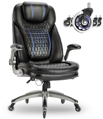 COLAMY High Back Office Chair-Executive Computer Office Chair with Flip-up Arms Adjustable Height SwivelChair, Thick Padded Leather for Comfort and Ergonomic Design for Lumbar Support (137kg, Black)