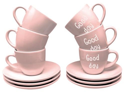 CUCUBA Set 6 Tazzine da Caffè in Ceramica Scritta Good Day con Piattini 70ml Lavabili Colore Rosa
