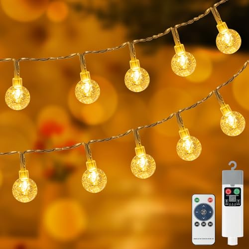 Ayciep Kristall Kugeln Lichterkette Außen, USB Aufladbare Batterie, 5M 50LED Lichterkette Wiederaufladbare Batterie, 8 Modi | 3 Timer | Warmweiß | Außen/Innen, für Terrasse, Balkon, Garten Deko