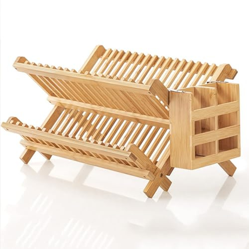 Foldable Wooden Dish Rack, 2 Tier Plate Drainer with Cutlery Holder | Natural bamboo wood,collapsible foldable design,2-tier drying space,detachable cutlery tray,stable non-slip frame