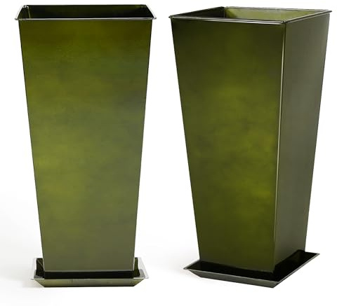 JonesHouseDeco Set di 2 grandi fioriere quadrate affusolate da giardino da 71 cm, superficie a specchio verde lucido, in ceramica imitazione ceramica alta, vaso per felci in metallo per interni ed