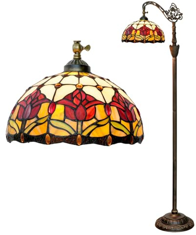 Lampada da terra a forma di tulipano rosso, paralume in vetro colorato rosso bianco verde da 12 pollici, lampada da lettura a collo d'oca arcuato in stile Tiffany, per soggiorno, camera da letto, uff