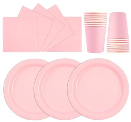 HiEnjoin 72 Stück Partygeschirr Set,Rosa Papiergeschirr Set,Geburtstag Party Geschirr Becher Serviette Pappteller für Babypartys, Geburtstag, Weihnachten Geburtstagsparty Deko-24 Gäste