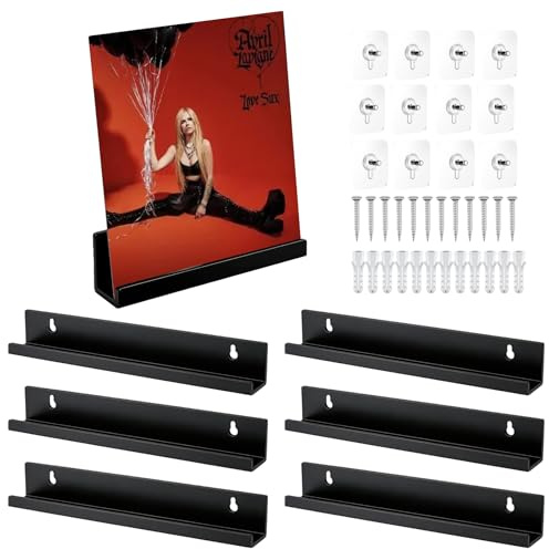 TOATELU 6 soportes de pared de vinilo para discos de vinilo, soporte de pared para discos de vinilo, almacenamiento de discos de vinilo acrílico, para placas y fotos, color negro, 30,5 x 4,3 x 4,3 cm