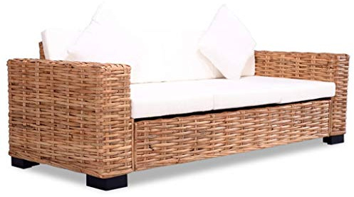 CIOURSTO Sofa 3-Sitzer, Natürliches Rattan Loungesofa, Rattansofa mit Sitz- & Rückenpolster und Kissen, Couch Sitzmöbel (3-Seater)