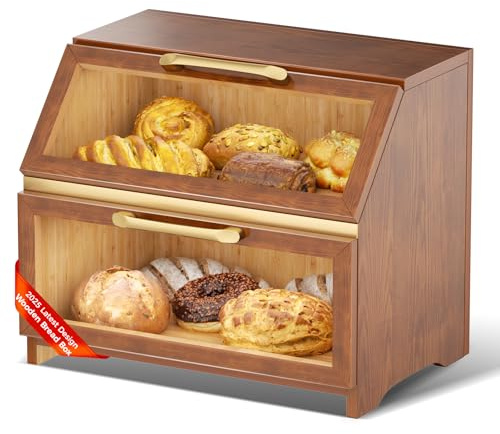 Brotkasten mit Belüftung aus Holz für die Küchentheke, großer Brotaufbewahrungsbehälter für selbstgebackenes Brot, Brotkasten-Organizer im Landhausstil für die Küchenthekenecke,den Schrank (Nussbaum)