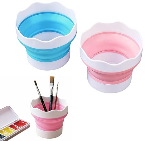 2Pcs Collapsible Paint Brush Washer, Portable Silicone Brush Cleaner with Scalloped Rim & Non-Slip Base, Foldable Water Pot for Watercolor Acrylic Oil Painting, Travel Art Supplies (Pink and Blue)