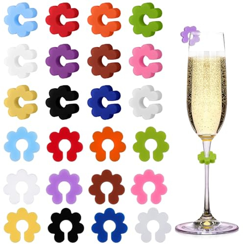 DOPENSPI 24 Stück Glasmarkierer Silikon, Bunt Glasmarker Getränke Wiederverwendbar Gläser Markieren Glas Markierung Trinkgläser für Weinglas für Cocktail Champagnerglas Mart