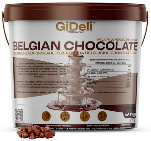 GiDeli Belgische Schokolade 5kg im Eimer - Pralinen Chips, Schokodrops - Vollmilch-Kuvertüre - Perfekt für Schokofondue, Backen, Schokobrunnen, Desserts & Glasuren