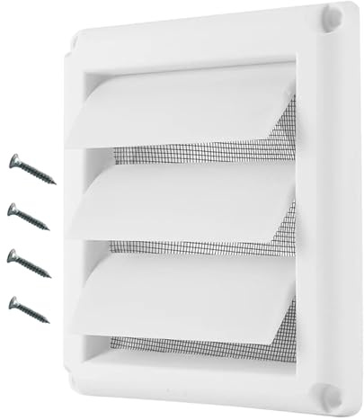 Grille de ventilation 100 mm, Blanc, Avec moustiquaire, Avec mobile, Grille de ventilation pour cuisine, sèche-linge, salle de bain, garage
