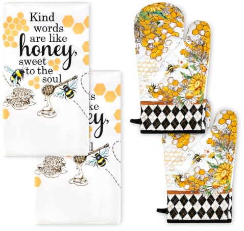 Arquiel Honey Bee Kitchen Towels and Oven Mitts Sets 4Pcs, Soft Absorbent Dish Cloth Heat Resistant Kitchen Gloves for Cooking Baking Decoration, Housewarming Gifts for Mom