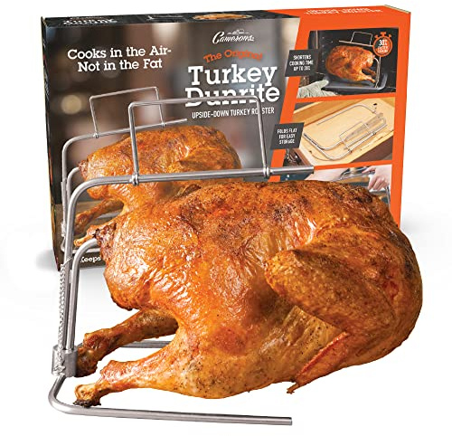 Camerons Original Turkey DunRite- Patented Upside-Down Stainless Steel Turkey Roaster- Cooks in the Air & Not in the Fat - Keep Juices Inside Meat & Cuts Down Cook Time by 30%, Folds Flat