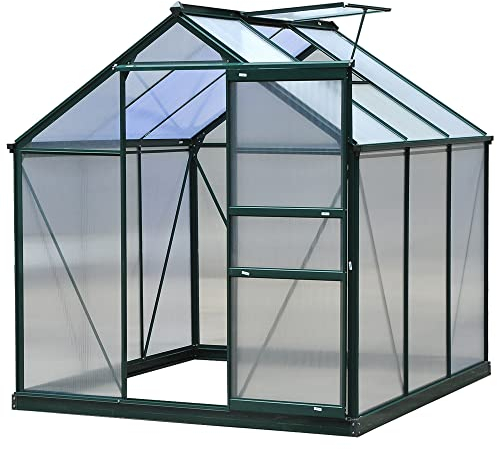 Outsunny 6 x 6ft Polycarbonate Greenhouse, Large Walk-In Green House with Slide Door and Window, Garden Plants Grow House with Aluminium Frame and Foundation, Dark Green