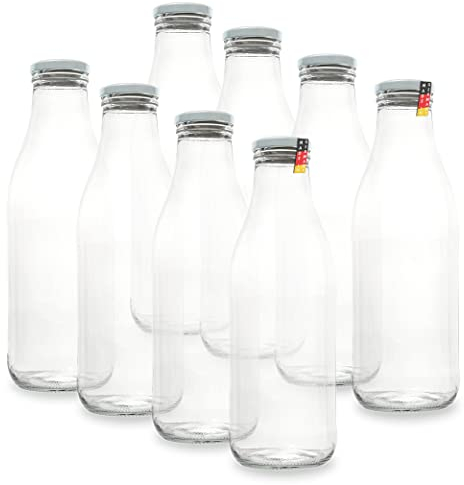 FLASCHENBAUER – Milchflaschen 1 Liter – 8x Glasflaschen 1 Liter – Twist-Off-Deckeln + Ersatz TO48 – Saftflasche, Smoothie Flasche & Weithalsflasche – Robust, temperaturbeständig [Weiße-Flasche]