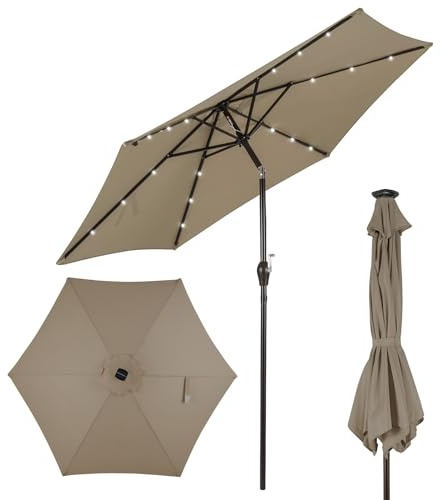 COSTWAY Ø270 cm Sombrilla Terraza Exterior, Parasol Terraza Exterior Plegable con 18 Luces LED Solar, Manivela y 6 Varillas de Metal, Protección UV, Impermeable, para Terraza, Marrón