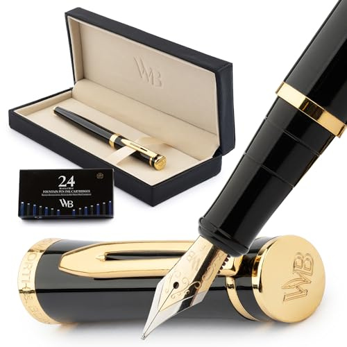 Wordsworth & Black Füller Set Edel, Kalligraphie, Luxus, Feder F, Schwarz | Füllfederhalter, Fountain Pen, Geschenk für Männer & Frauen, 18K Deutsches Iridium, Hochwertig, Konverter + 24 Tintenpatronen