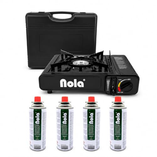 NOLA Hornillo de gas portátil con maletín y 4 cartuchos de gas | Cocina de camping para exteriores, pizza y actividades al aire libre