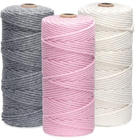 ilauke 3 Stück Makramee Garn 3mm x 100m - Weiche Baumwollgarn Baumwollschnur für DIY Projekte - Baumwollkordel zum Makramee Wandbehang, Traumfänger, Blumenampel (Rosa Beige Grau)