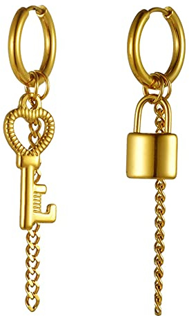 JewelryWe Schmuck Ohrringe Creolen mit Schloss, Schlüssel und Kette Anhänger Edelstahl Hängend Ohrhänger Huggie Ohrstecker Geschenke für Herren Damen Schwarz/Gold/Silber