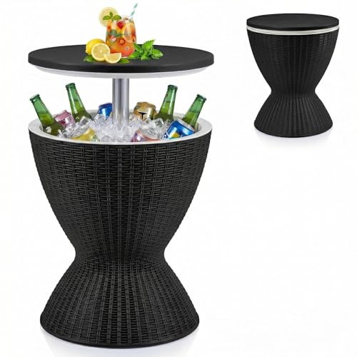 TANGZON 30L Ice Bucket Table, Side Table Beer Cooler with Telescopic Tabletop, All-Weather Outdoor Coffee Cocktail Tables for Backyard Party Poolside