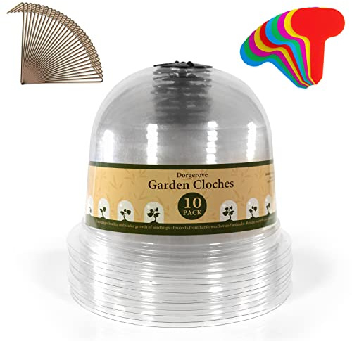 Dorgerove Garden Cloches 10 Pack - 26 x 21cm Clear Transparent Plastic Humidity Dome Covers for Outdoor Use Complete with 10 Colorful Plant Labels and 30 Securing Pegs
