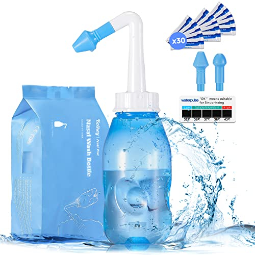 KOIKEY Neti Pot Sinus Sinusal,Botella de Lavado 300 ml,con 30 paquetes de sal y un termómetro,a presión del limpiador nasal para adultos y niños, sin BPA