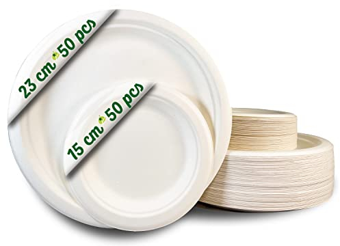 GoBeTree 100 piatti in canna da zucchero da 23 e 15 cm bianchi. 50 piatti da 23 cm e 50 piatti da 15 cm. piatti di carta monouso extra resistenti, per campeggio, picnic, feste, barbecue, compleanni