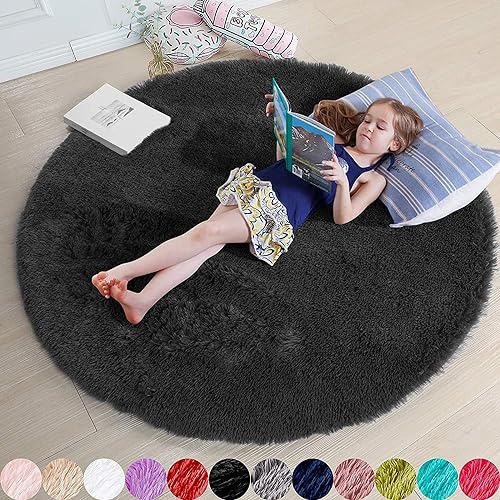 Shaggy Hochflor Teppich Rund für Kinderzimmer Wohnzimmer Schlafzimmer Langflor Teppich Hochwertig Hohe Pflegeleicht Fadendichte Wasser Flauschiger kinderteppich Mädchen((Dunkel, 122cm)