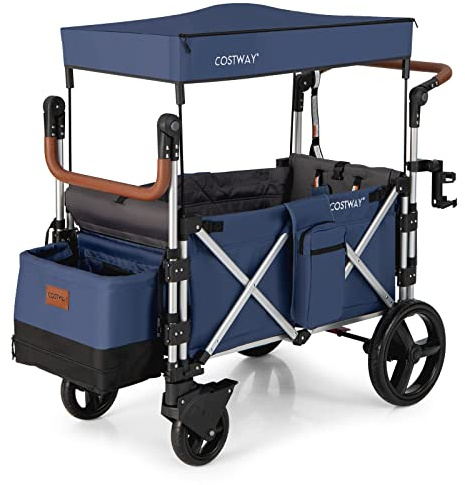 COSTWAY Push Pull Stroller Wagon for 2 Kids, Collapsible Trolley with Adjustable Handle Bar, Removable Canopy, 5-Point Harness and Drapes, Outdoor Camping Cargo Cart (Navy)