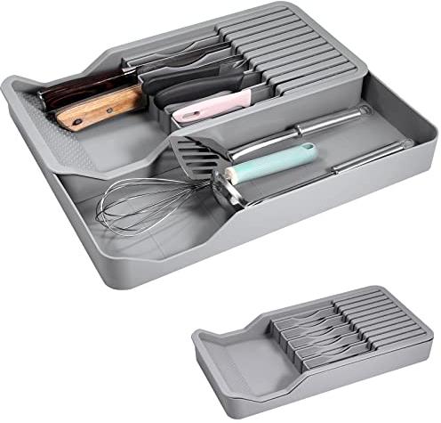 Yoosso Knife Organiser, Knife Drawer Organizer 11 Knives Kitchen Knife Holder Knife Storage Box Double Layer Can Be Pulled Out Store Knives & Kitchen Utensils Space-Saving, Washable, Grey (Yoosso)