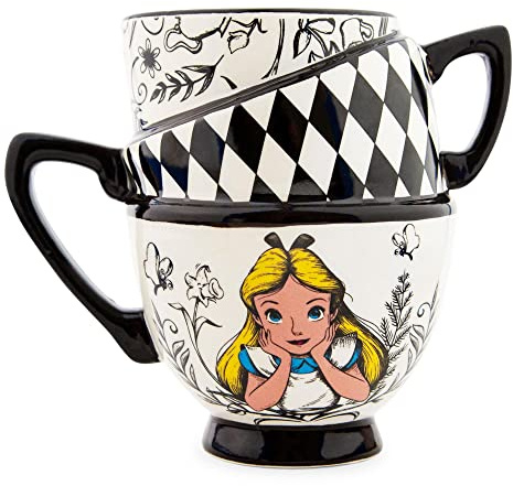 Alice au pays des merveilles Disney Tasse à thé empilée monochrome en céramique sculptée | Grande tasse à café sans BPA pour expresso, cacao, thé
