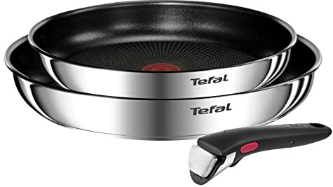 Tefal Emotion Ingenio 3Pcs Induction Stainless Steel Frying Pan Set, 24/28 cm and a Handle, Silver