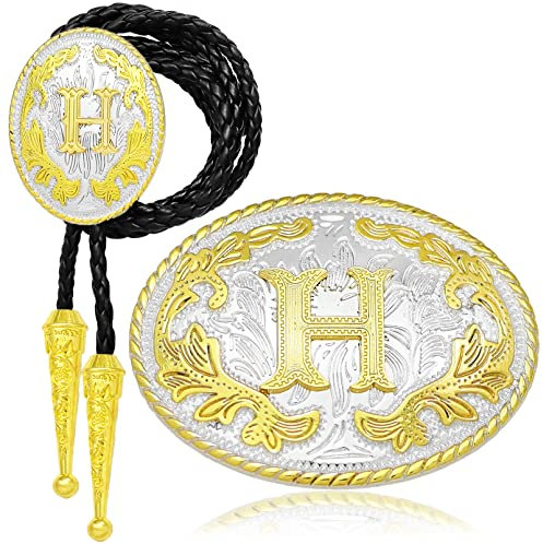 QuneusHot 2 Stück Western Gürtelschnalle Bolo Krawatte Set Anfangsbuchstabe ABC bis XYZ Cowboy Kostüm Gold Zubehör für Männer Frauen, Gold H, Large