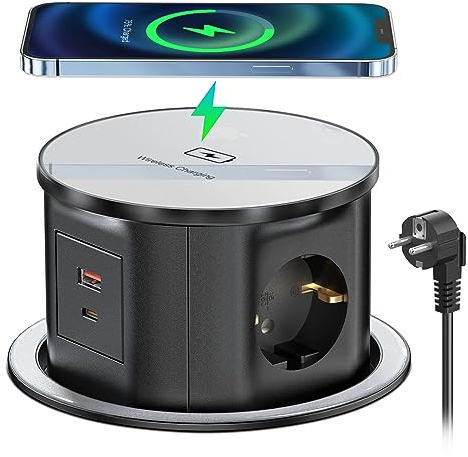 Enchufe Empotrable Mesa USB C PD 20 W, Enchufe Retráctil Encimera 3 Tomas y 2 Puertos USB, Regleta Enchufes con USB Empotrable, Cable de 2 m, 3680 W/16 A