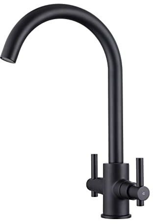 Peppermint Kitchen Tap Matt Black Dual Lever 360° Swivel Taps Monobloc | 304 Stainless Steel | Drip-Proof Cartridges | Water-Saving Aerator | For Traditional Modern UK Homes | DIY Self-Install