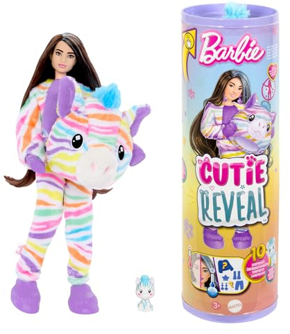 Barbie Cutie Reveal Muñeca con Disfraz de Cebra de Colores, con Peine, Mascota y Accesorios Sorpresa de Moda, Serie Sueños de Colores, Juguete +3 años (HRK39)
