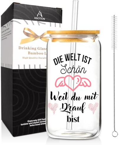 Mason Life Geschenk für Frauen, 500ml Glas Trinkbecher mit Deckel und Strohhalm, Geschenk Freundin Geburtstag Kaffee Teegläser Longdrinkgläser, Eiskaffee Geburtstagsgeschenk für Frauen
