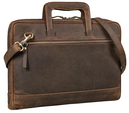 STILORD Pierce Maletín Con Asa A4 Cuero Bolso Trabajo para Ordenador Portátil 15 Pulgadas Bolso Negocios Vintage Business Bag Bolso Bandolera Auténtica Piel Color:colorado - marrón