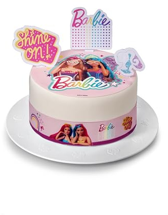 Kardasis Barbie Dreamtopia tårtunderlägg och pappersfigurer, ätbar azymskiva för tårtor, tårtdekoration för födelsedag, 20 cm + 4 band 28 x 4 cm + 3 figurer