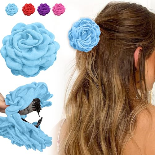 nailgeler Rose Blumen Haarspangen, Haarclip Blume Mehrfarbig, Flower Hair Clips für Frauen Mädchen, (Blau,Ca.9cm)
