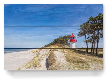 artboxONE Holzbild 45x30 cm Natur Strand und der Leuchtturm Gellen von Künstler Rico Ködder