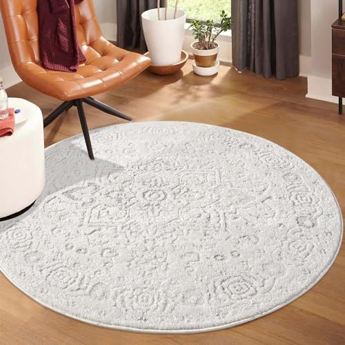 carpet city Kurzflor Teppich Creme - 200 cm Rund - Wohnzimmer-Teppiche Hochtief-Muster, 3D-Effekt - Ornamente - Flachflor Bodenbelag, Deko Schlafzimmer