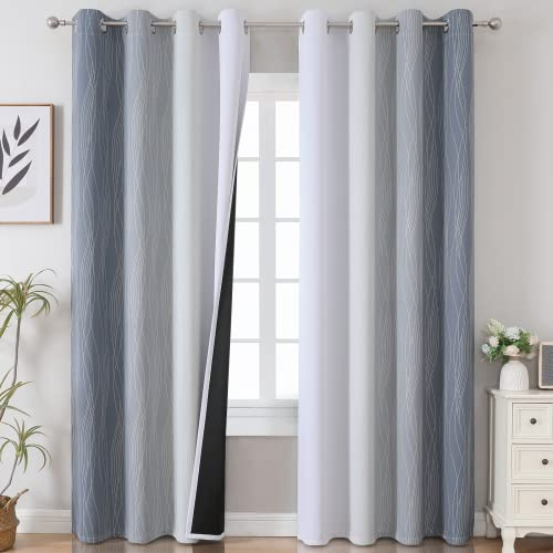 VEHEDE Grau und Weiß Verdunklungsvorhänge Thermovorhang Kälteschutz Farbverlauf Ombre Gardinen mit Ösen Schlafzimmer, Schallschutz Vorhänge Blickdicht gegen Kälte Wohnzimmer, H 214 x B 132 cm, 2er Set