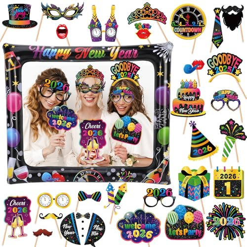 HOWAF Accessoire Photobooth Nouvel an 2026, Cadre Photobooth Gonflable Happy New Year Accessoire Photo Lunettes Bonne Année pour Decoration Nouvel an 2026, Deco Jour de l'An, Set B, Multicolore